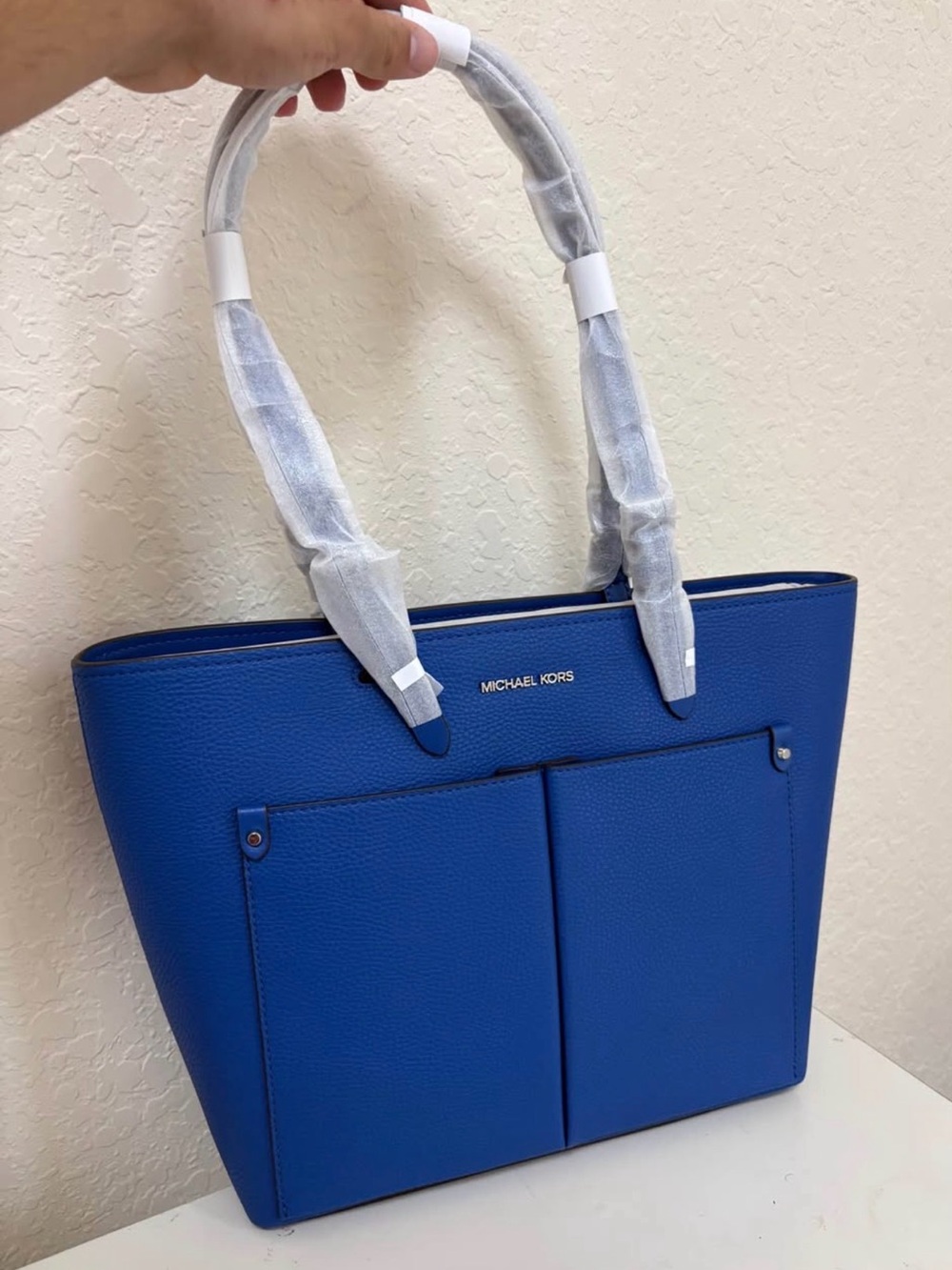 Michael Kors Cobalt Blue Pebbled Leather Tote with Front Pockets